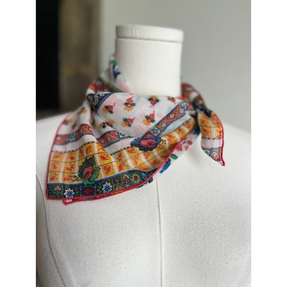 Vintage 70s Square Cotton Scarf Floral Paisley Cottagecore Head Neck